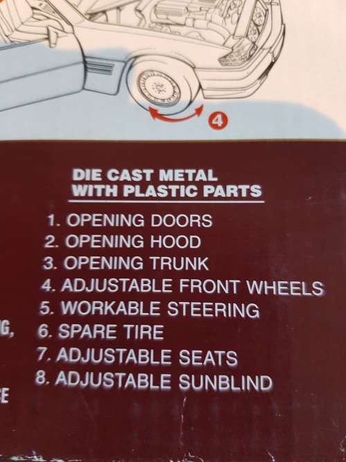 Mercedes-Benz 500SL (1989) 1:18 Die Cast Model in Box. Moving Parts, Spare Tyre.