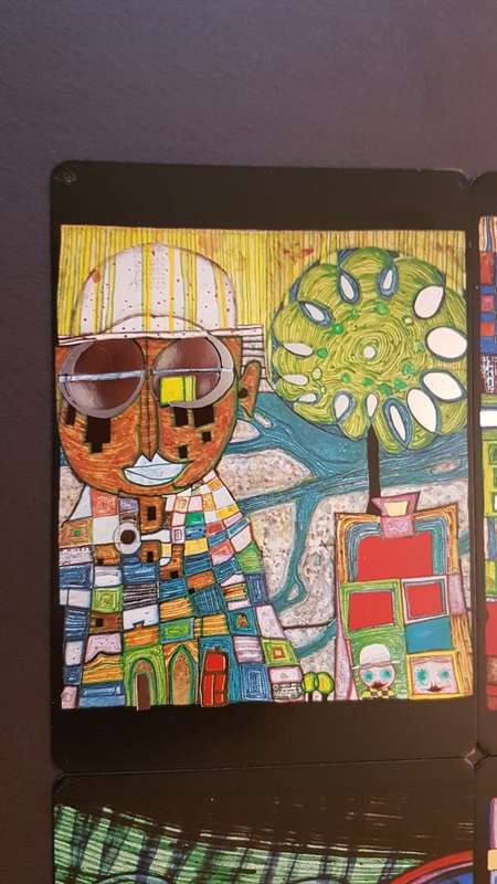 Friedensreich Hundertwasser (1928-2000). Collage of 15 Art Cards . Silver and Gold Imprints. Framed.