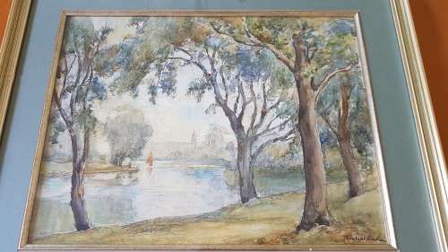 James Herbert Snell ( 1861-1935).  Lake at St. James Park London. Watercolour. Signed, framed
