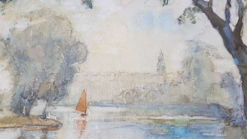 James Herbert Snell ( 1861-1935).  Lake at St. James Park London. Watercolour. Signed, framed