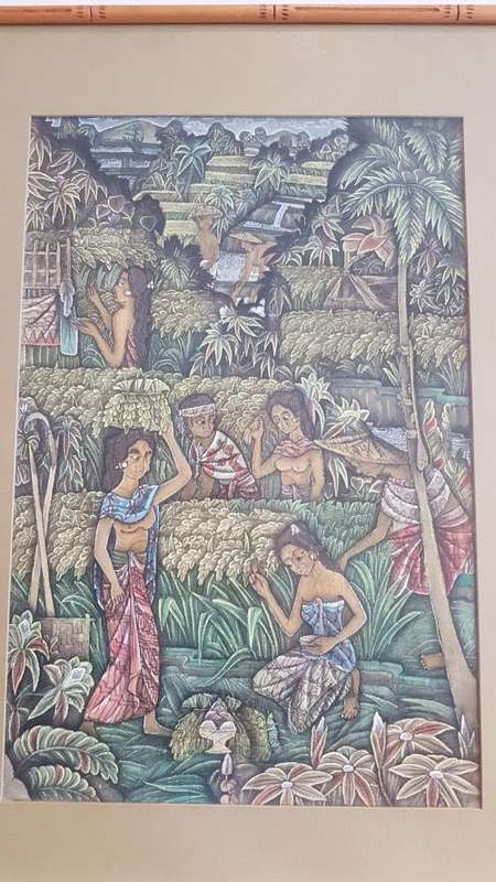Painting  of Bali Terraces, Figures Harvesting Rice on Cloth. Signed on back.