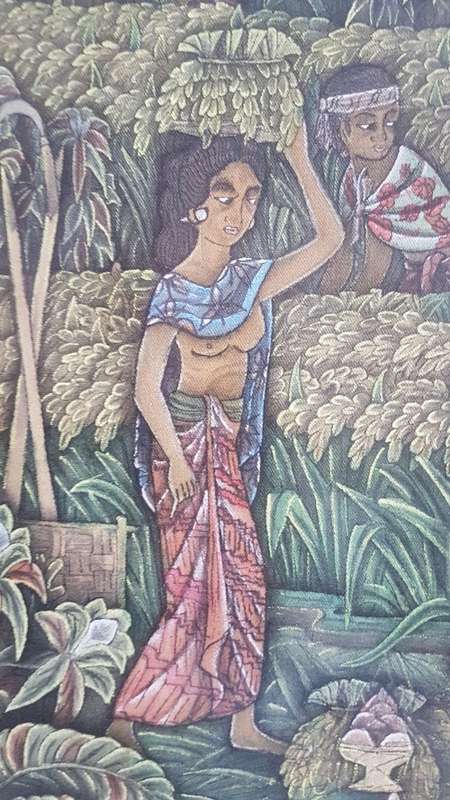 Painting  of Bali Terraces, Figures Harvesting Rice on Cloth. Signed on back.