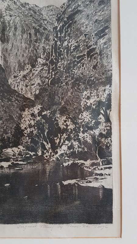 VARNISHED WOODEN FRAME. Tinus de Jongh. Etching of Keurkloof. Beautiful dark imprint.