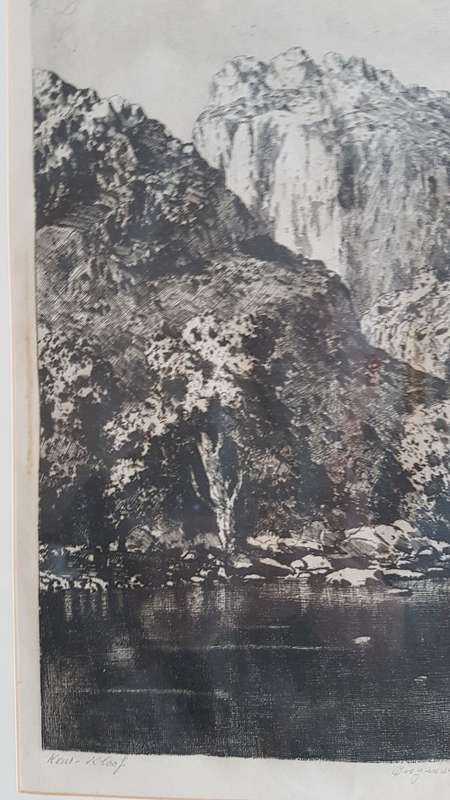 VARNISHED WOODEN FRAME. Tinus de Jongh. Etching of Keurkloof. Beautiful dark imprint.