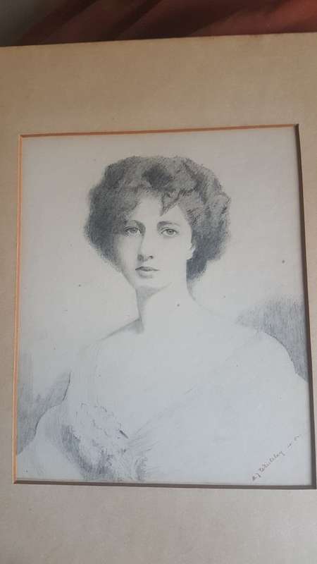 Original 1904 Pencil Drawing of Edwardian Lady signed M.J. Whiteley, dated April 1904.