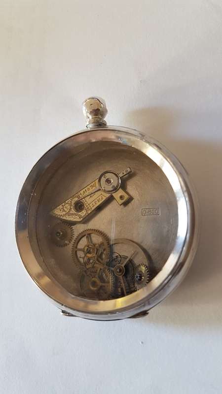 Vintage French Solid Silver Pocket Watch  with Components behind Glass. Steampunk fashion item.