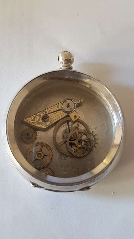 Vintage French Solid Silver Pocket Watch  with Components behind Glass. Steampunk fashion item.