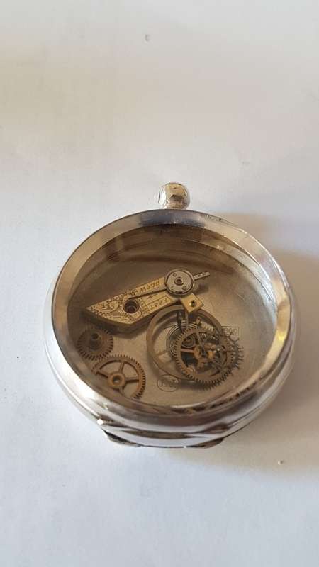 Vintage French Solid Silver Pocket Watch  with Components behind Glass. Steampunk fashion item.