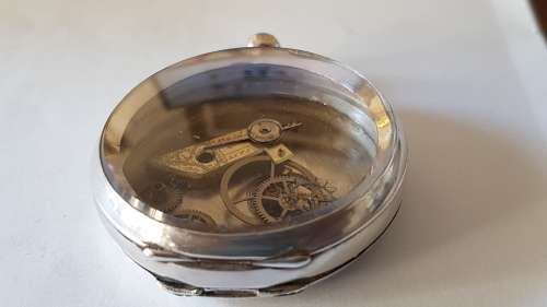 Vintage French Solid Silver Pocket Watch  with Components behind Glass. Steampunk fashion item.