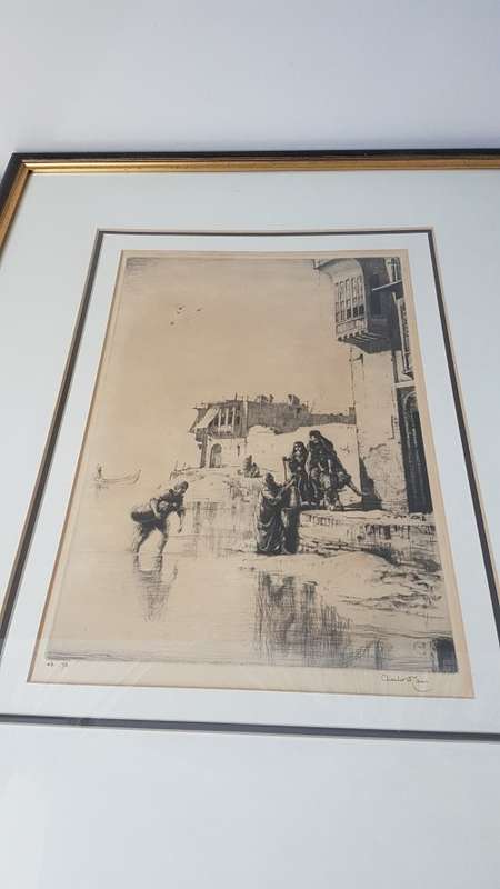 Charles W. Cain (1893-1962).  Signed  45/78 ltd original etching. Tigris River Scene, Iraq, c. 1926.
