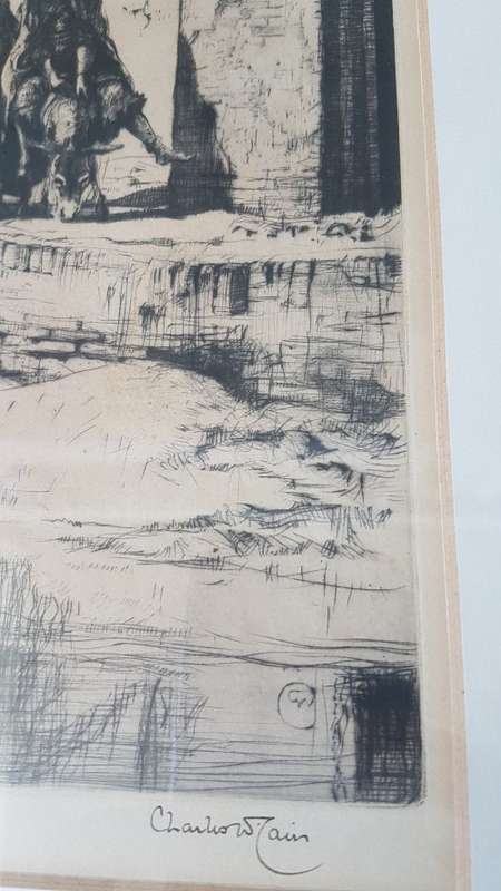Charles W. Cain (1893-1962).  Signed  45/78 ltd original etching. Tigris River Scene, Iraq, c. 1926.