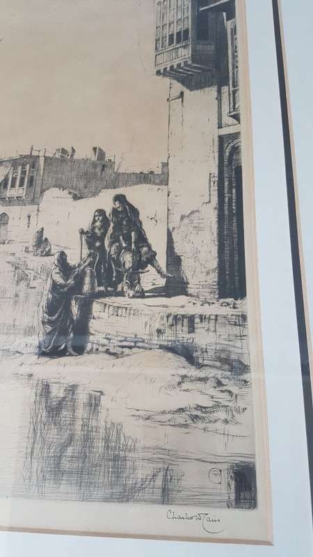 Charles W. Cain (1893-1962).  Signed  45/78 ltd original etching. Tigris River Scene, Iraq, c. 1926.