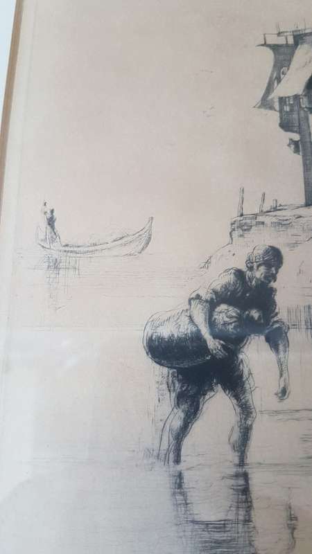 Charles W. Cain (1893-1962).  Signed  45/78 ltd original etching. Tigris River Scene, Iraq, c. 1926.