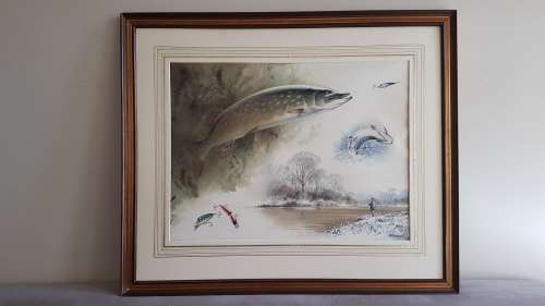 Rodger McPhail (1953-).  Pike Fishing. Large Original Watercolour. TOP WILDLIFE SPORTING  ARTIST.