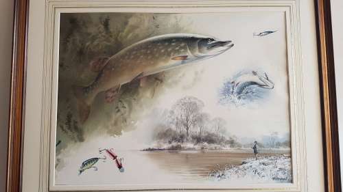 Rodger McPhail (1953-).  Pike Fishing. Large Original Watercolour. TOP WILDLIFE SPORTING  ARTIST.
