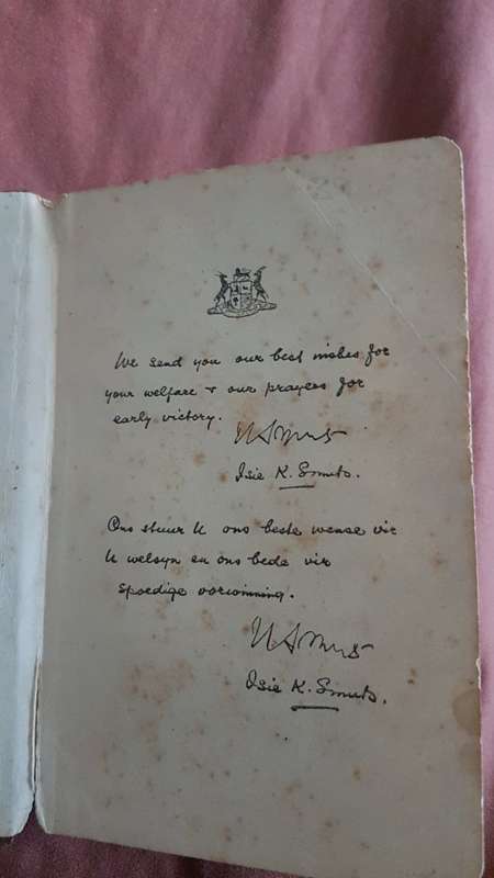 Olive Wood Serviceman's Bible from World War 2. Facsimile signed by Jan and Isie Smuts.