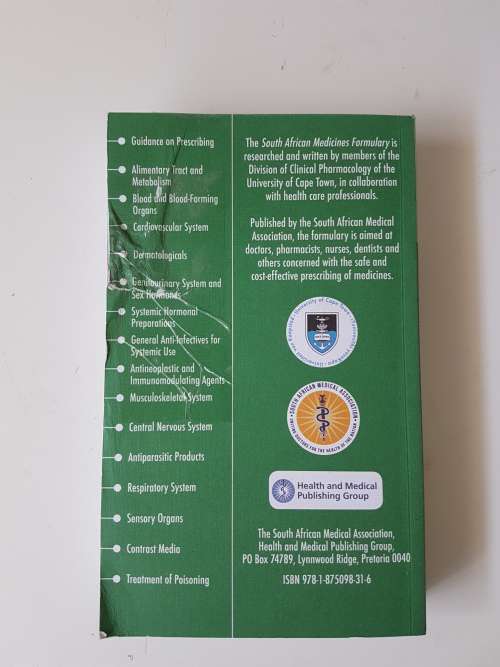 SAMF. 12th Edition. South African Medicines Formulary. New book but back cover has tear and crease.