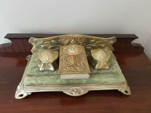 Belgian Art Nouveau Brass and Green Onyx Desk Set Inkstand with Blotter  Marked. REDUCED.