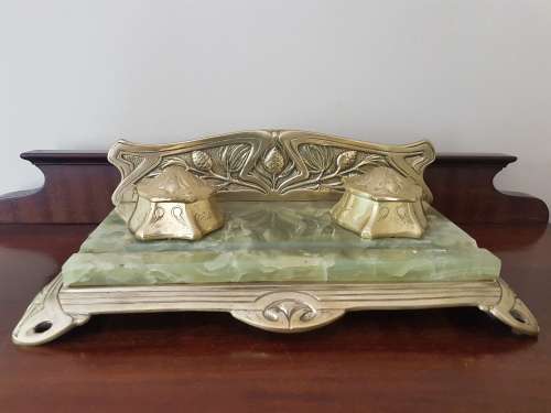 Belgian Art Nouveau Brass and Green Onyx Desk Set Inkstand with Blotter  Marked. REDUCED.