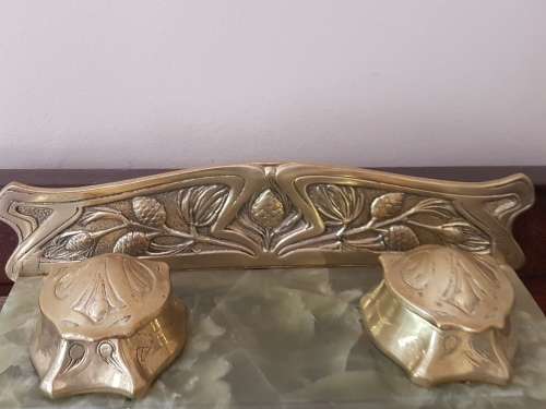 Belgian Art Nouveau Brass and Green Onyx Desk Set Inkstand with Blotter  Marked. REDUCED.