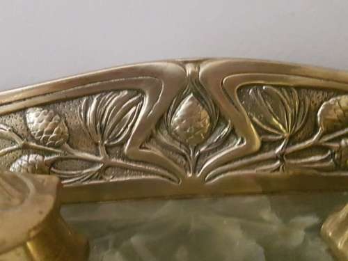 Belgian Art Nouveau Brass and Green Onyx Desk Set Inkstand with Blotter  Marked. REDUCED.