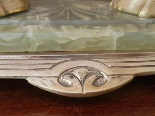 Belgian Art Nouveau Brass and Green Onyx Desk Set Inkstand with Blotter  Marked. REDUCED.