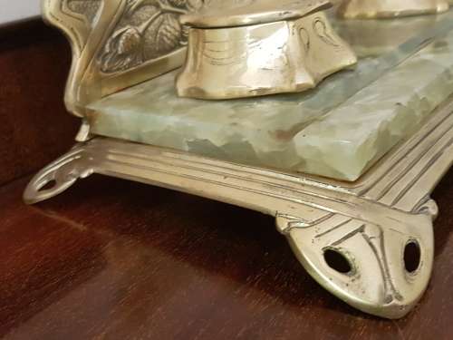 Belgian Art Nouveau Brass and Green Onyx Desk Set Inkstand with Blotter  Marked. REDUCED.