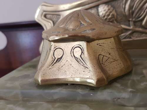 Belgian Art Nouveau Brass and Green Onyx Desk Set Inkstand with Blotter  Marked. REDUCED.