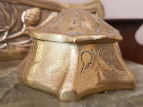 Belgian Art Nouveau Brass and Green Onyx Desk Set Inkstand with Blotter  Marked. REDUCED.