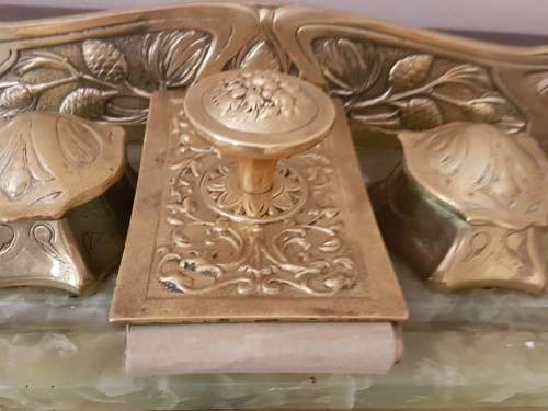 Belgian Art Nouveau Brass and Green Onyx Desk Set Inkstand with Blotter  Marked. REDUCED.