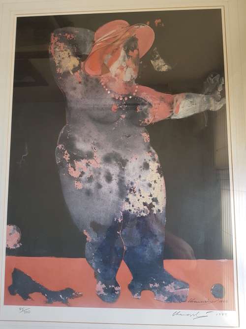 Meyer Uranovsky (1939-). Lady with Red Hat, Dog and Ball. Hand signed and dated limited print 85/300