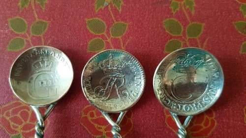Solid Silver Swedish Coin Spoons 17th century and 18th century silver coins!! 21.2 GRAMS