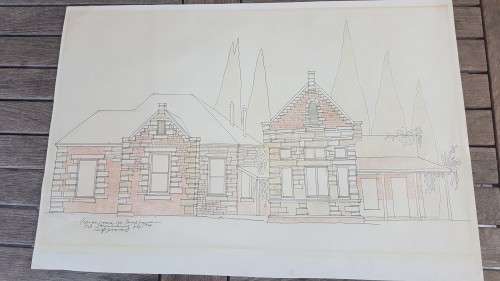 Hannes Meiring (1934-2010). ORIGINAL HAND COLOURED DRAWING.  Polisiestasie op Bultfontein OVS.