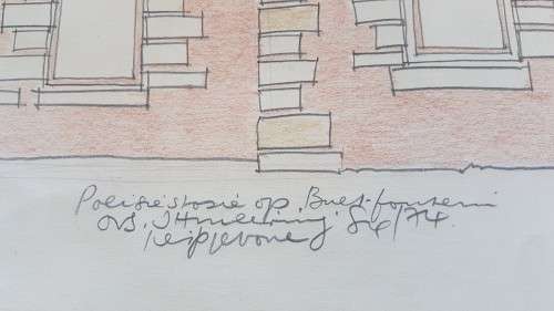 Hannes Meiring (1934-2010). ORIGINAL HAND COLOURED DRAWING.  Polisiestasie op Bultfontein OVS.