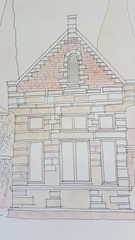 Hannes Meiring (1934-2010). ORIGINAL HAND COLOURED DRAWING.  Polisiestasie op Bultfontein OVS.