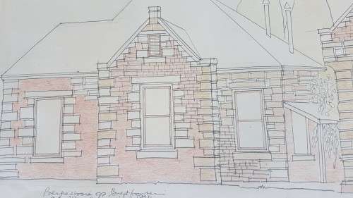 Hannes Meiring (1934-2010). ORIGINAL HAND COLOURED DRAWING.  Polisiestasie op Bultfontein OVS.