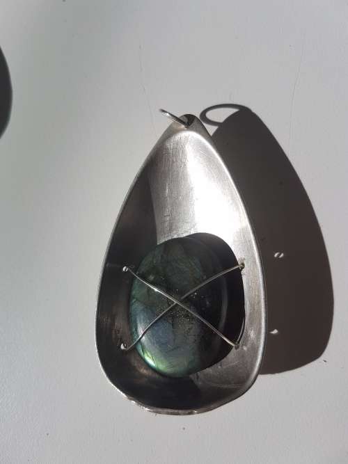 Namibian Labadorite in large teardop solid silver setting with silver wire. 24.4 g!