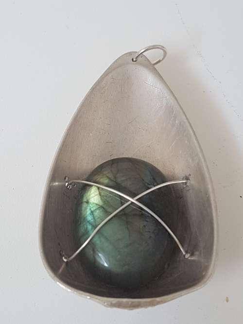Namibian Labadorite in large teardop solid silver setting with silver wire. 24.4 g!