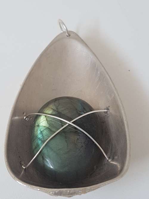 Namibian Labadorite in large teardop solid silver setting with silver wire. 24.4 g!