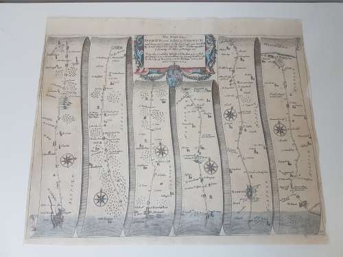 Original Hand Coloured 1675 Map of Road from Ipswich to Norwich by Ogilby. VERY attractive.
