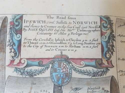 Original Hand Coloured 1675 Map of Road from Ipswich to Norwich by Ogilby. VERY attractive.