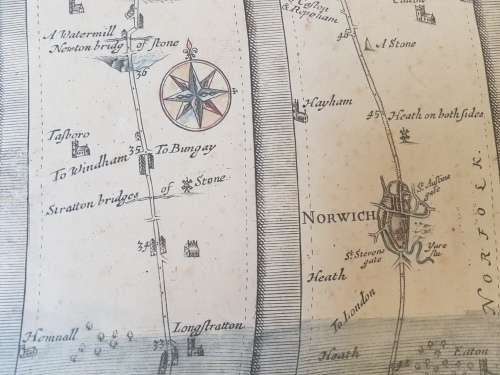 Original Hand Coloured 1675 Map of Road from Ipswich to Norwich by Ogilby. VERY attractive.