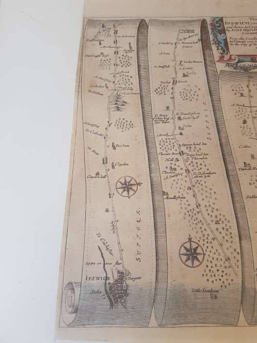 Original Hand Coloured 1675 Map of Road from Ipswich to Norwich by Ogilby. VERY attractive.