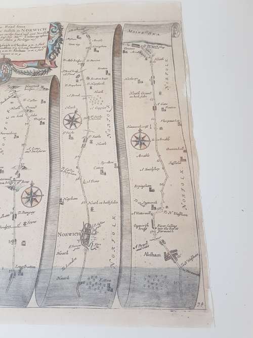 Original Hand Coloured 1675 Map of Road from Ipswich to Norwich by Ogilby. VERY attractive.