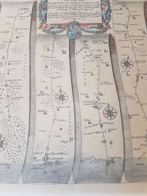 Original Hand Coloured 1675 Map of Road from Ipswich to Norwich by Ogilby. VERY attractive.