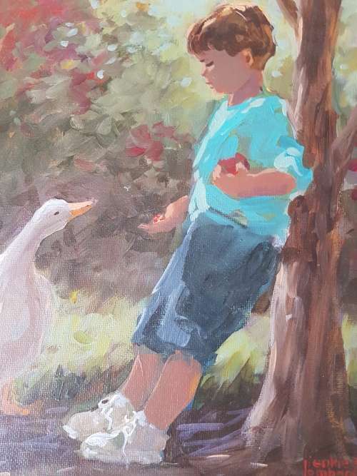 Lienkie Lombard (1949-) Mak Eend/ Boy with Duck. Original acrylic. Certificate of Authenticity.