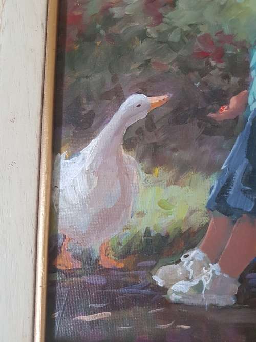 Lienkie Lombard (1949-) Mak Eend/ Boy with Duck. Original acrylic. Certificate of Authenticity.