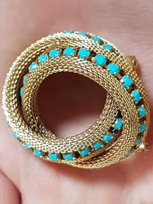 Gold and turquoise swirl Art Deco brooch