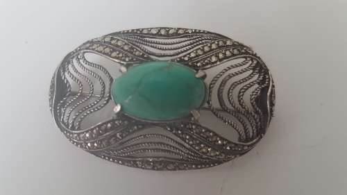Intricate Sterling Silver Green Turquoise Filigree and Marcasite  Brooch. Exquisite. 7.8 grammes.