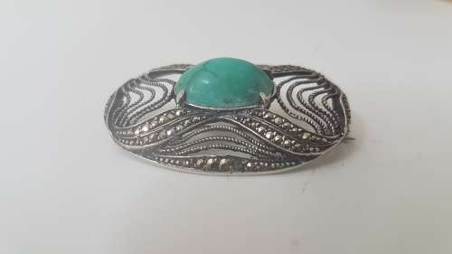 Intricate Sterling Silver Green Turquoise Filigree and Marcasite  Brooch. Exquisite. 7.8 grammes.